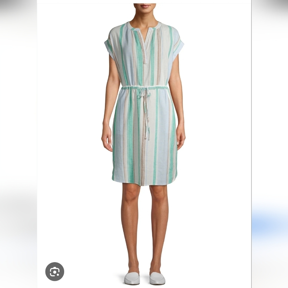 Time & Tru Linen Blend Cinched Waist Dress Blue Green Stripe Pullover Size XXL